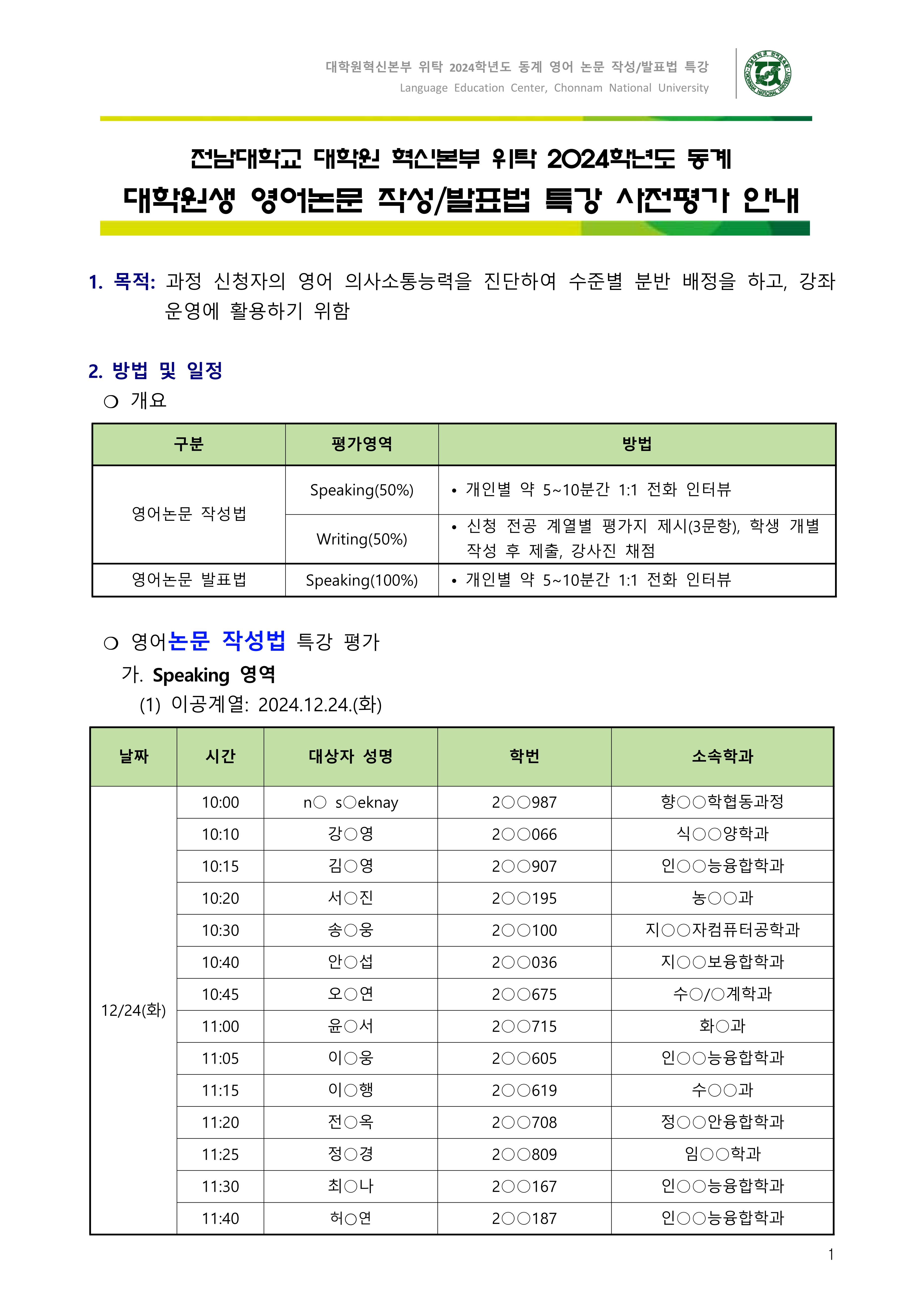 2024학년도 동계 대학원생 영어논문 작성/발표법 특강 사전평가 안내 첨부이미지